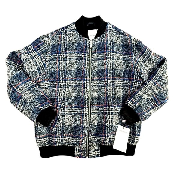 Avec Les Filles Womens Plaid Tweed Bomber Jacket XS Wool Blend Blue/Gray NWT - Picture 1 of 8
